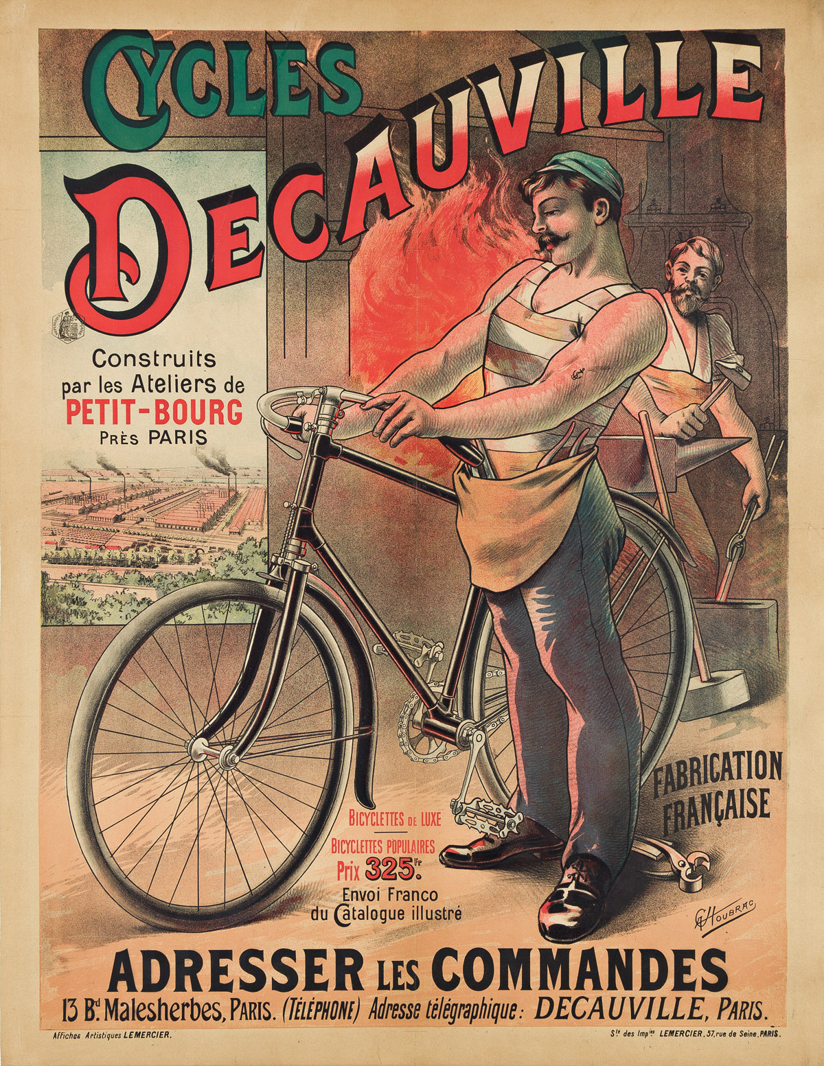 ALFRED CHOUBRAC (1853-1902).  CYCLES DECAUVILLE. Circa 1895. 38¾x29½ inches, 98½x75 cm. Lemercier, Paris.